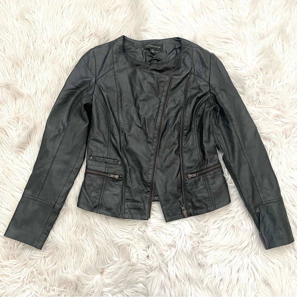 Y2K vintage Bagatelle genuine leather collarless moto jacket black XS